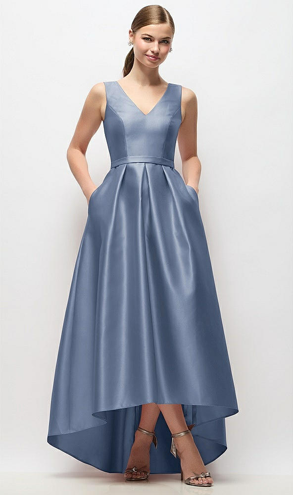 Front View - Larkspur Blue Sleeveless Pleated Skirt High Low Dress with Pockets