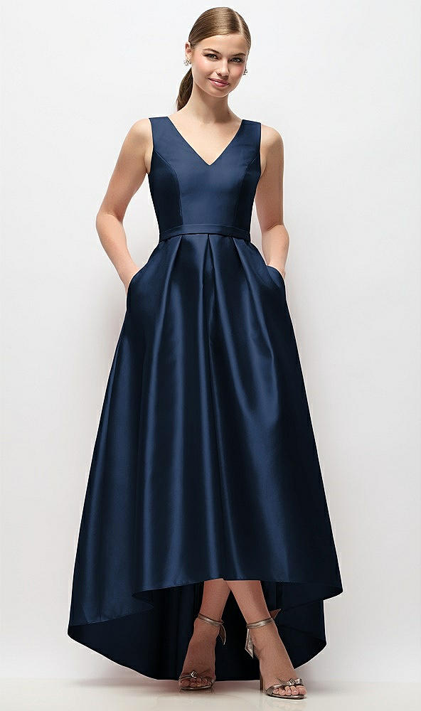 Front View - Midnight Navy Sleeveless Pleated Skirt High Low Dress with Pockets