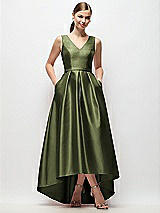Front View Thumbnail - Olive Green Sleeveless Pleated Skirt High Low Dress with Pockets
