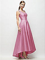 Side View Thumbnail - Powder Pink Sleeveless Pleated Skirt High Low Dress with Pockets