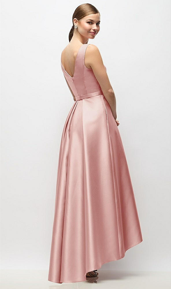 Back View - Rose Sleeveless Pleated Skirt High Low Dress with Pockets