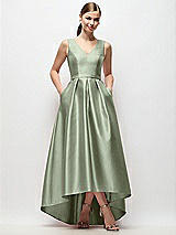 Front View Thumbnail - Sage Sleeveless Pleated Skirt High Low Dress with Pockets