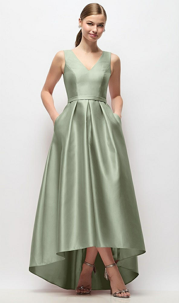 Front View - Sage Sleeveless Pleated Skirt High Low Dress with Pockets