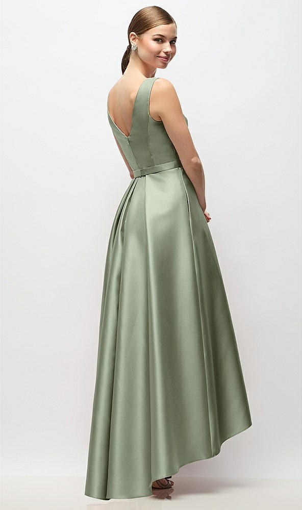 Back View - Sage Sleeveless Pleated Skirt High Low Dress with Pockets