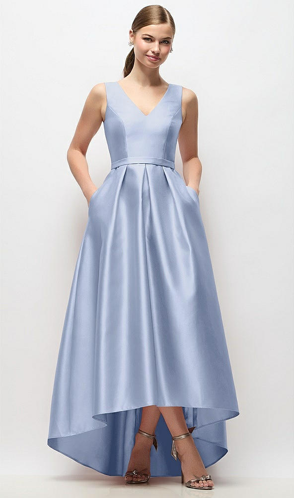 Front View - Sky Blue Sleeveless Pleated Skirt High Low Dress with Pockets