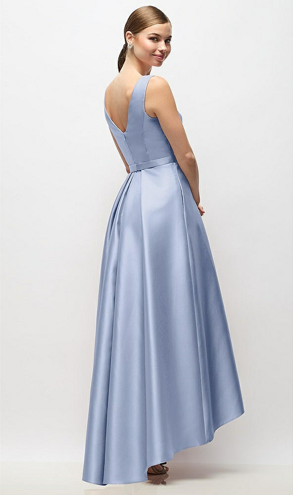 Back View - Sky Blue Sleeveless Pleated Skirt High Low Dress with Pockets