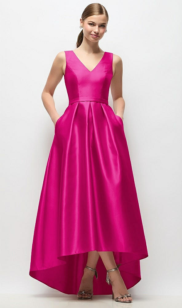 Front View - Think Pink Sleeveless Pleated Skirt High Low Dress with Pockets