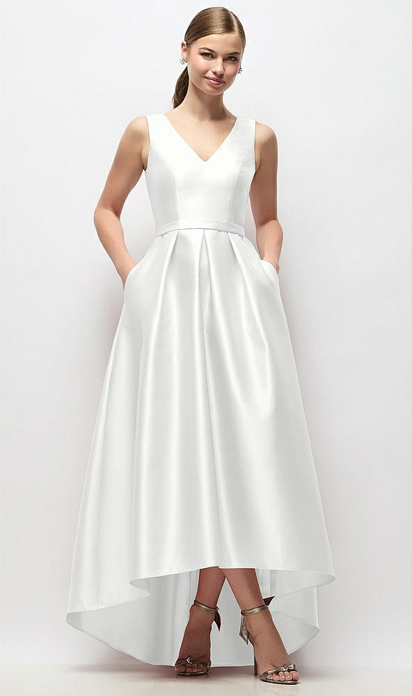 Front View - White Sleeveless Pleated Skirt High Low Dress with Pockets