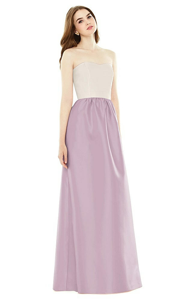 Front View - Suede Rose & Ivory Full Length Strapless Satin Twill dress with Pockets
