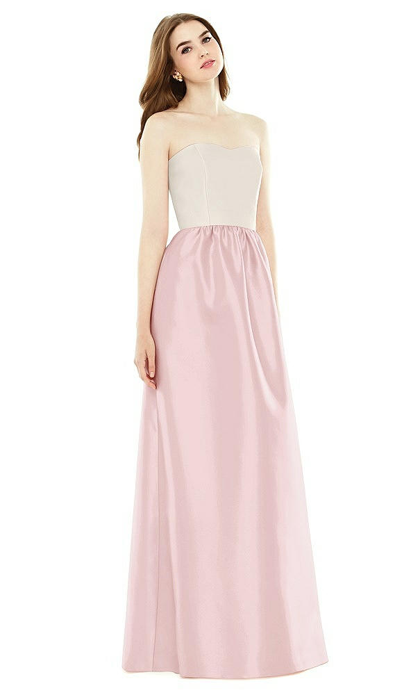 Front View - Ballet Pink & Ivory Full Length Strapless Satin Twill dress with Pockets