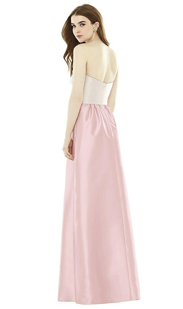 Back View - Ballet Pink & Ivory Full Length Strapless Satin Twill dress with Pockets