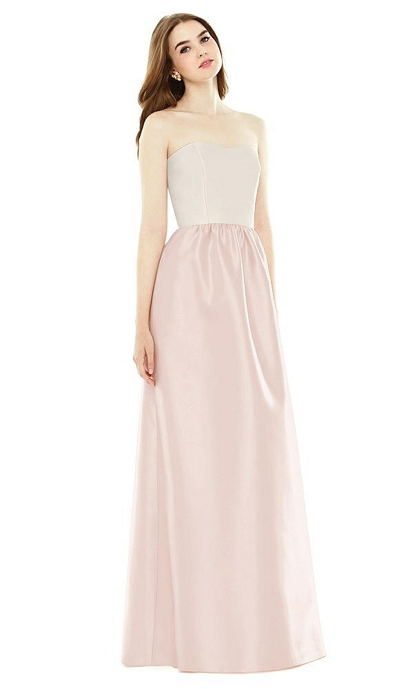Front View - Blush & Ivory Full Length Strapless Satin Twill dress with Pockets