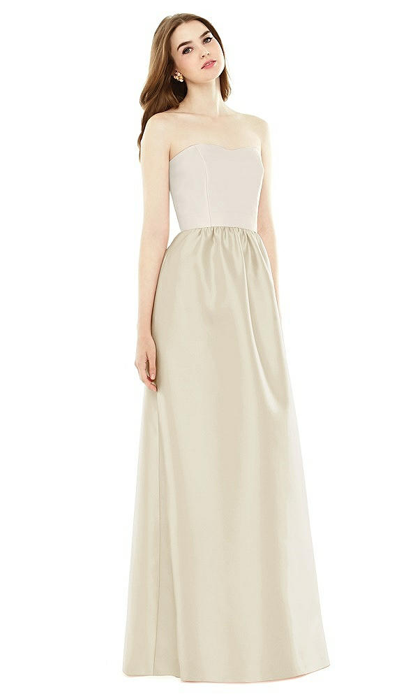 Front View - Champagne & Ivory Full Length Strapless Satin Twill dress with Pockets