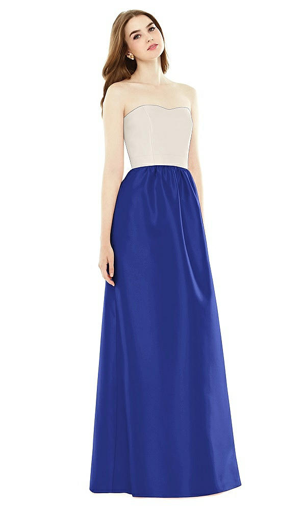 Front View - Cobalt Blue & Ivory Full Length Strapless Satin Twill dress with Pockets