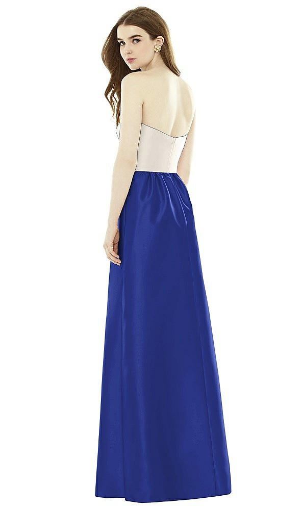 Back View - Cobalt Blue & Ivory Full Length Strapless Satin Twill dress with Pockets