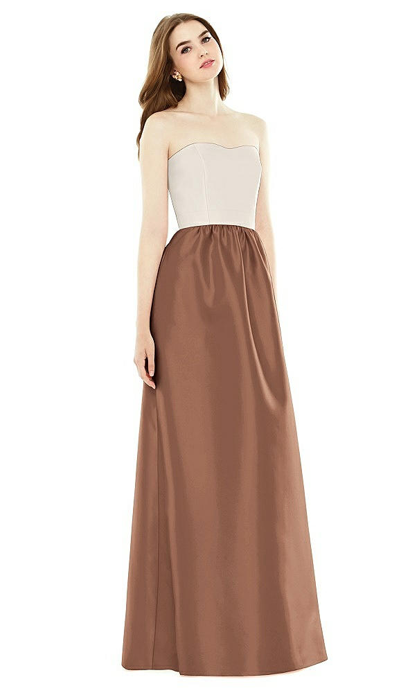 Front View - Cognac & Ivory Full Length Strapless Satin Twill dress with Pockets