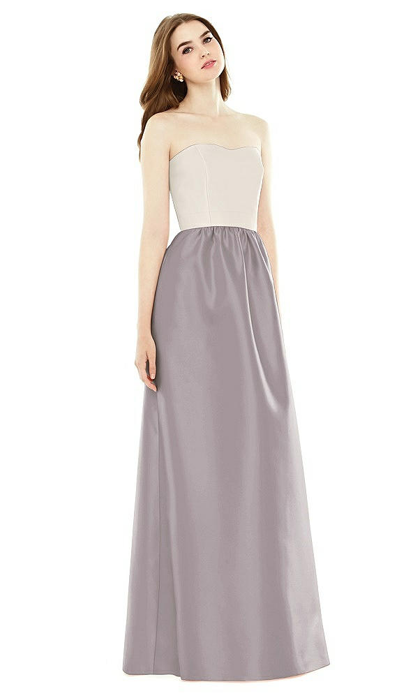 Front View - Cashmere Gray & Ivory Full Length Strapless Satin Twill dress with Pockets