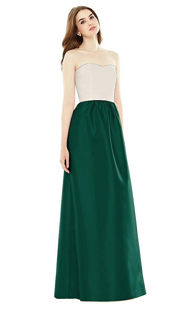 Front View - Hunter Green & Ivory Full Length Strapless Satin Twill dress with Pockets