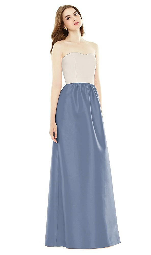 Front View - Larkspur Blue & Ivory Full Length Strapless Satin Twill dress with Pockets