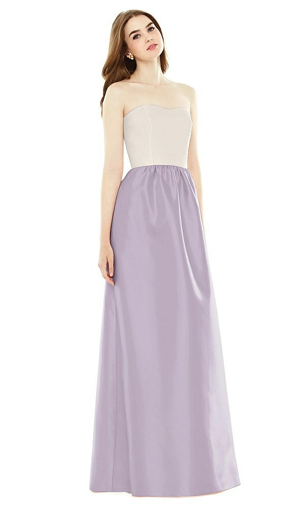 Front View - Lilac Haze & Ivory Full Length Strapless Satin Twill dress with Pockets