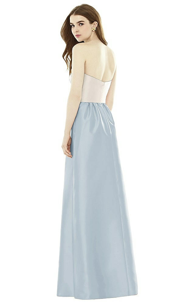 Back View - Mist & Ivory Full Length Strapless Satin Twill dress with Pockets