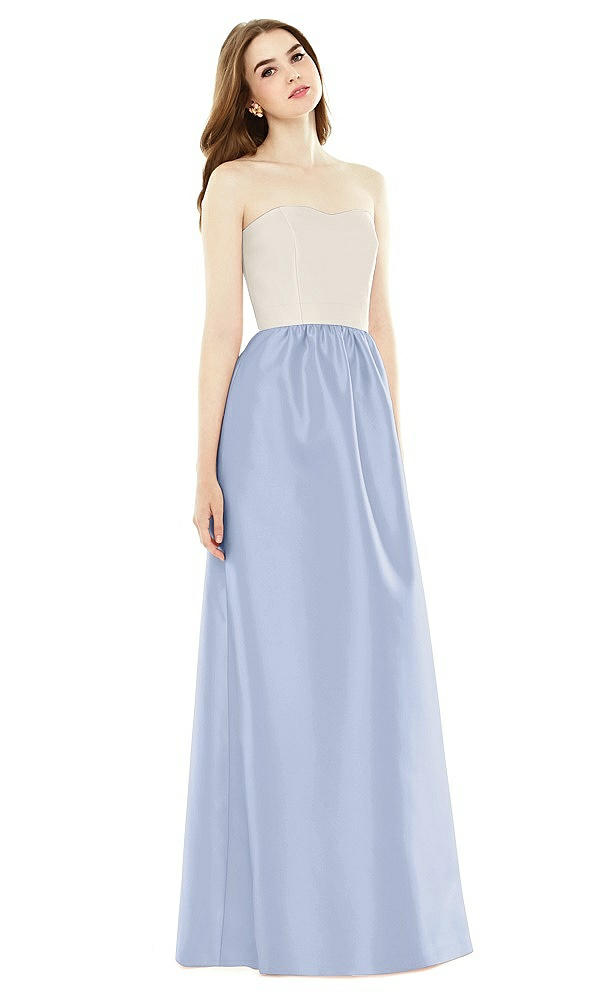 Front View - Sky Blue & Ivory Full Length Strapless Satin Twill dress with Pockets