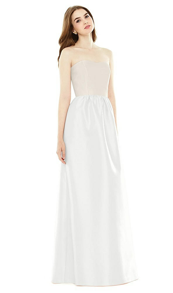 Front View - White & Ivory Full Length Strapless Satin Twill dress with Pockets