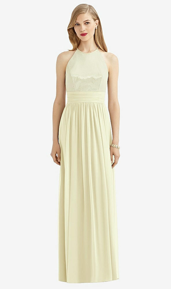 Front View - Butter Yellow Halter Lux Chiffon Sequin Bodice Dress