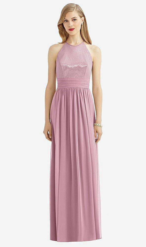 Front View - Dusty Pink Halter Lux Chiffon Sequin Bodice Dress