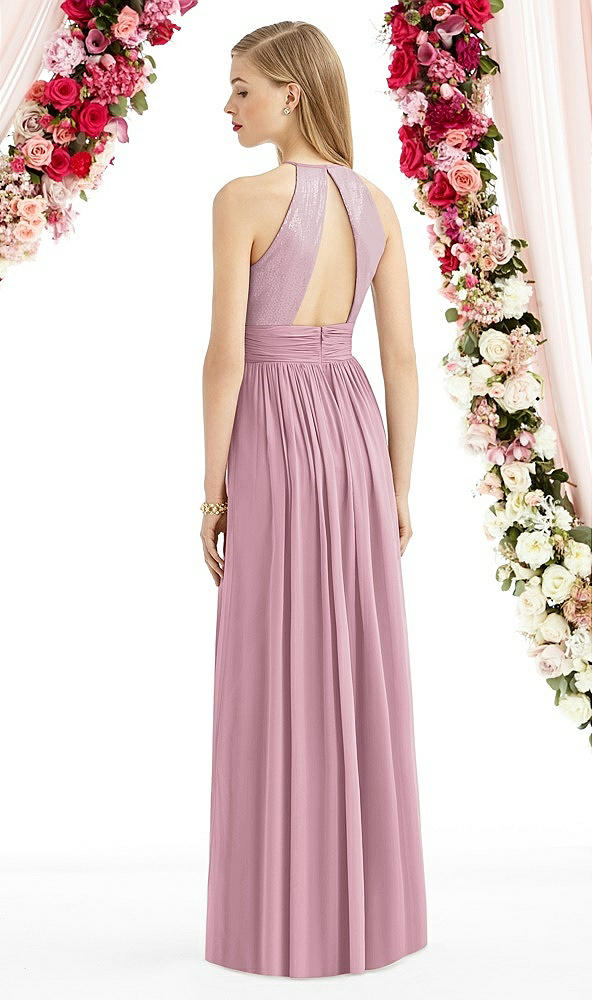 Back View - Dusty Pink Halter Lux Chiffon Sequin Bodice Dress