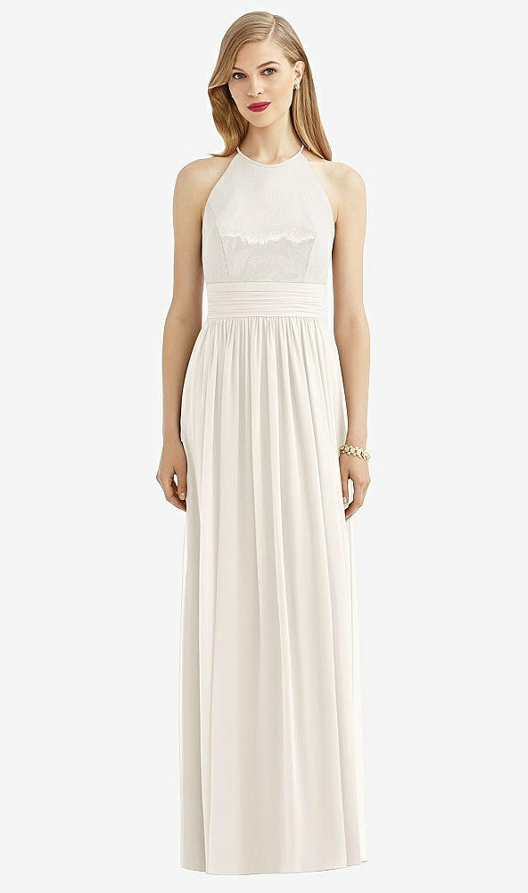 Front View - Ivory Halter Lux Chiffon Sequin Bodice Dress
