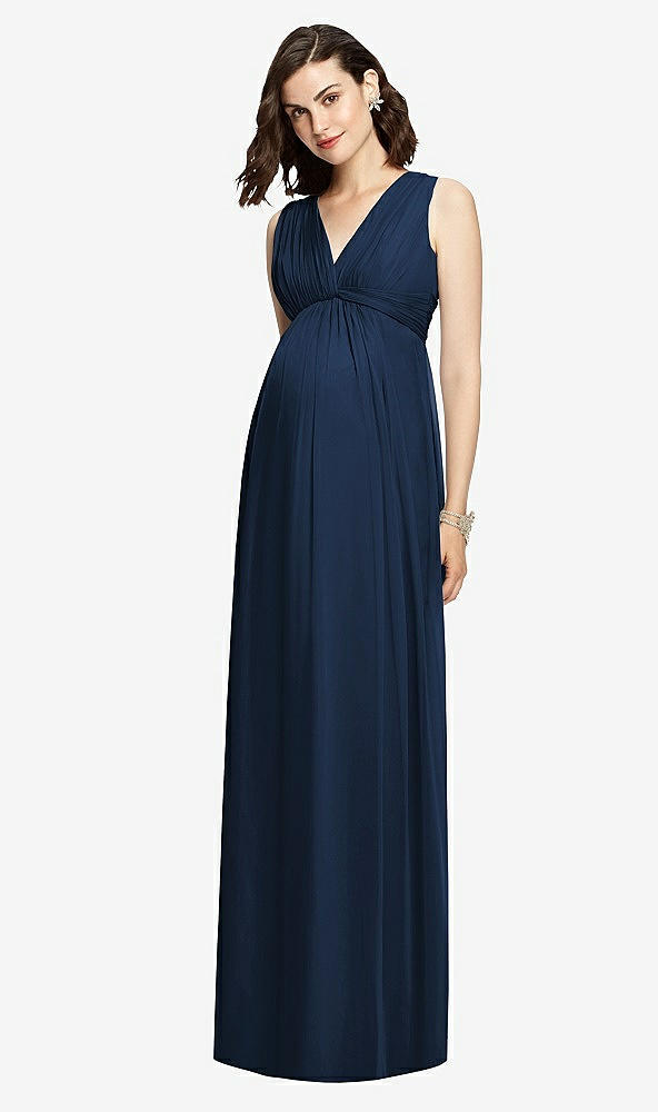 Front View - Midnight Navy Sleeveless Shirred Skirt Maternity Dress