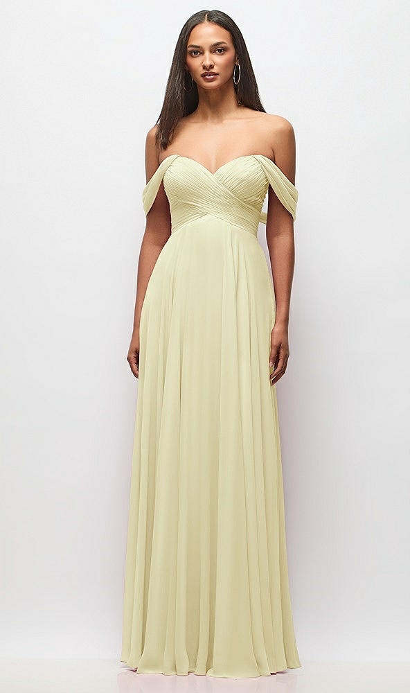 Front View - Butter Yellow Off-the-Shoulder Draped Chiffon Maxi Dress