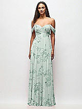 Front View Thumbnail - Mint Green Floral Off-the-Shoulder Draped Chiffon Maxi Dress