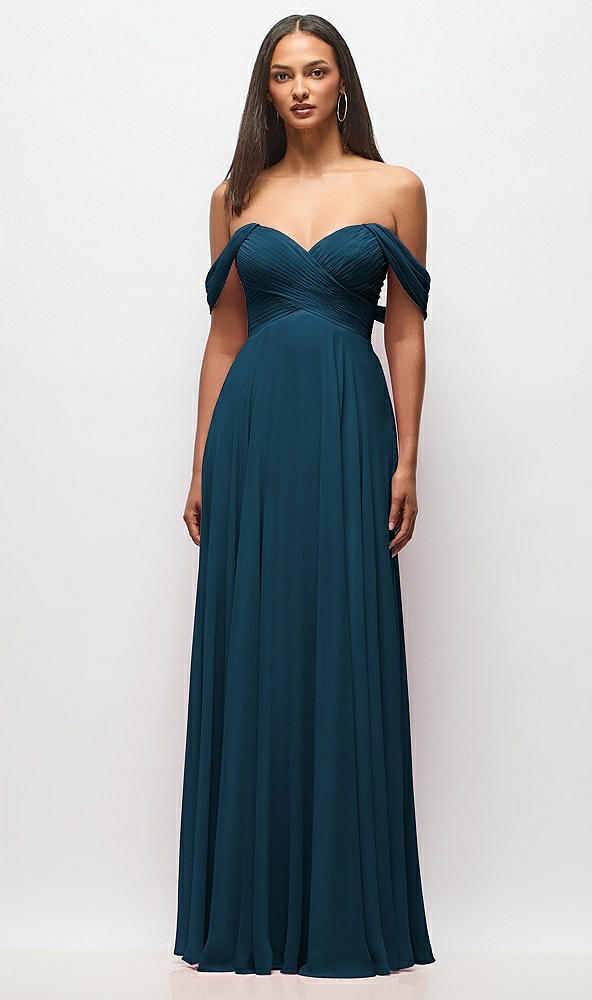 Front View - Atlantic Blue Off-the-Shoulder Draped Chiffon Maxi Dress