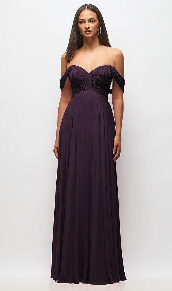 Front View - Aubergine Off-the-Shoulder Draped Chiffon Maxi Dress