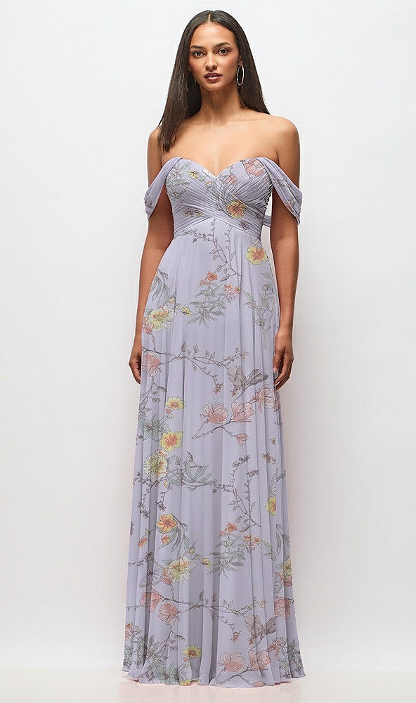 Front View - Butterfly Botanica Silver Dove Off-the-Shoulder Draped Chiffon Maxi Dress