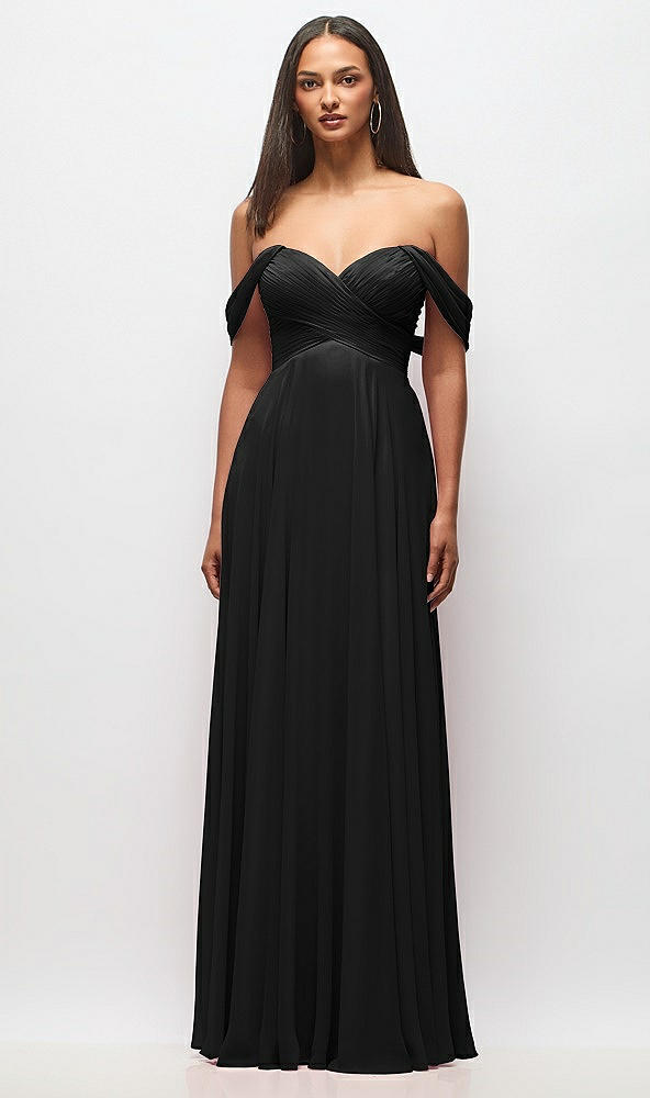 Front View - Black Off-the-Shoulder Draped Chiffon Maxi Dress