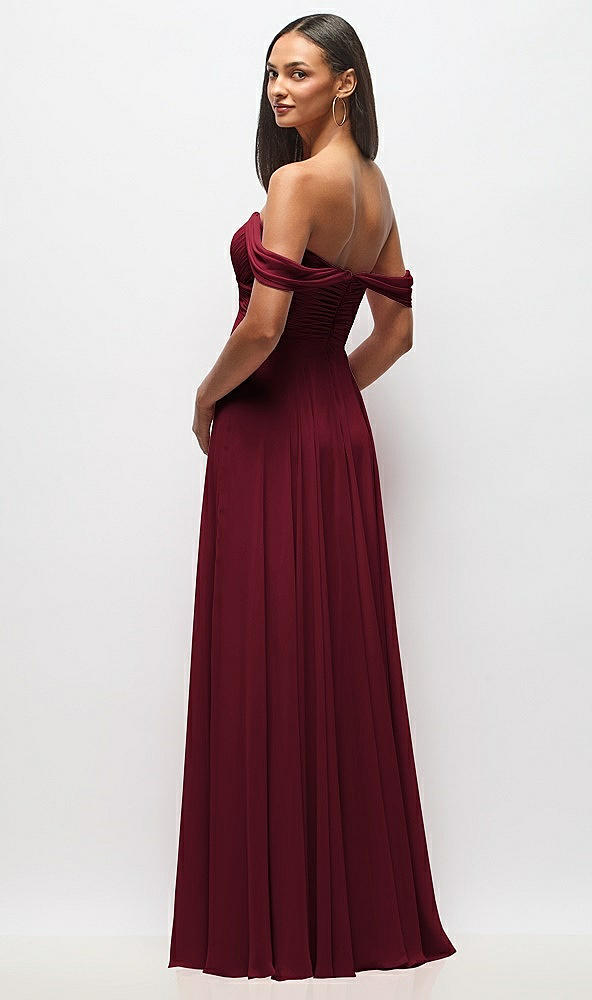 Back View - Burgundy Off-the-Shoulder Draped Chiffon Maxi Dress