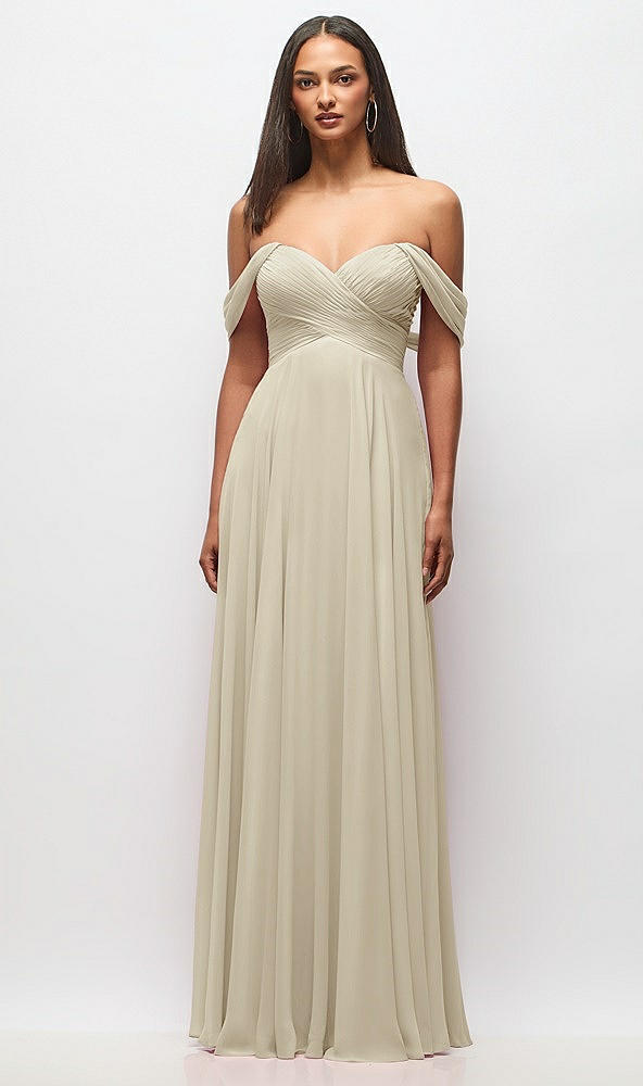 Front View - Champagne Off-the-Shoulder Draped Chiffon Maxi Dress