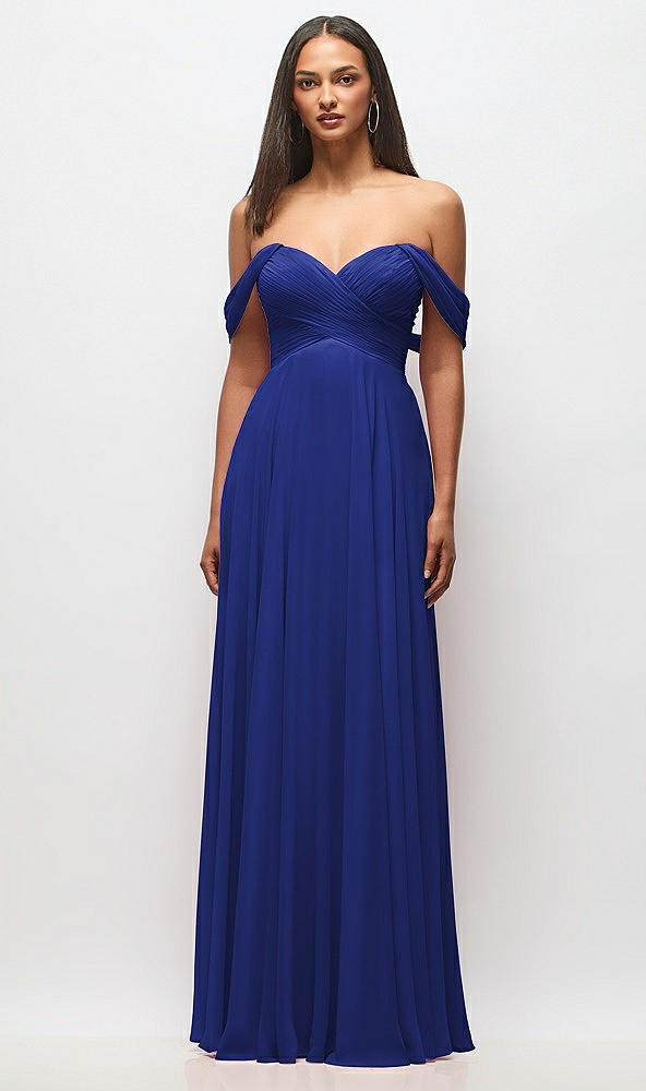Front View - Cobalt Blue Off-the-Shoulder Draped Chiffon Maxi Dress
