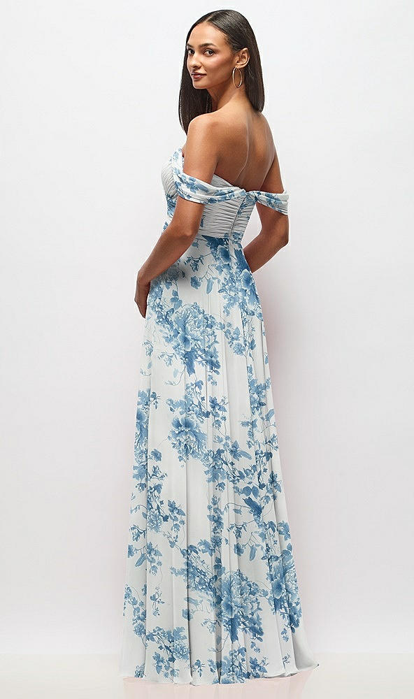 Back View - Cottage Rose Dusk Blue Off-the-Shoulder Draped Chiffon Maxi Dress