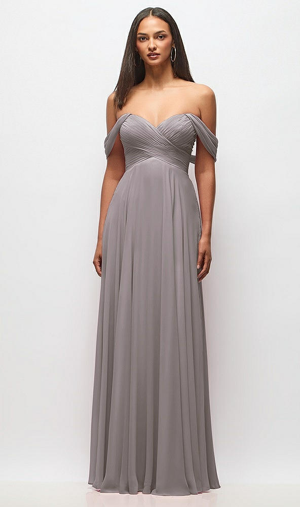 Front View - Cashmere Gray Off-the-Shoulder Draped Chiffon Maxi Dress