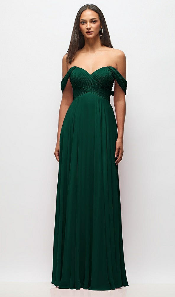 Front View - Hunter Green Off-the-Shoulder Draped Chiffon Maxi Dress