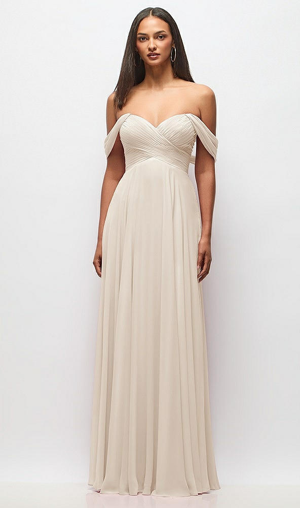 Front View - Oat Off-the-Shoulder Draped Chiffon Maxi Dress