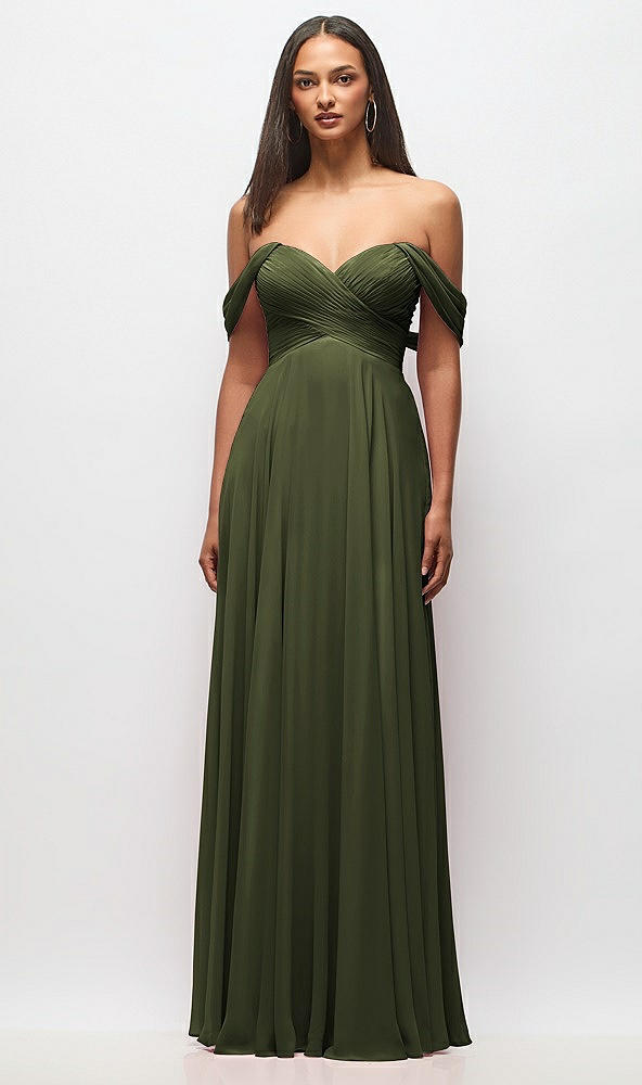 Front View - Olive Green Off-the-Shoulder Draped Chiffon Maxi Dress