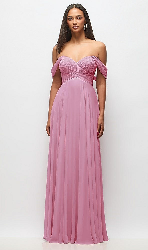 Front View - Powder Pink Off-the-Shoulder Draped Chiffon Maxi Dress