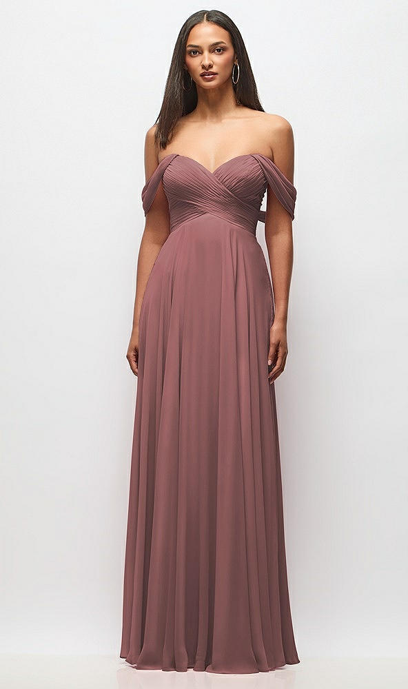 Front View - Rosewood Off-the-Shoulder Draped Chiffon Maxi Dress
