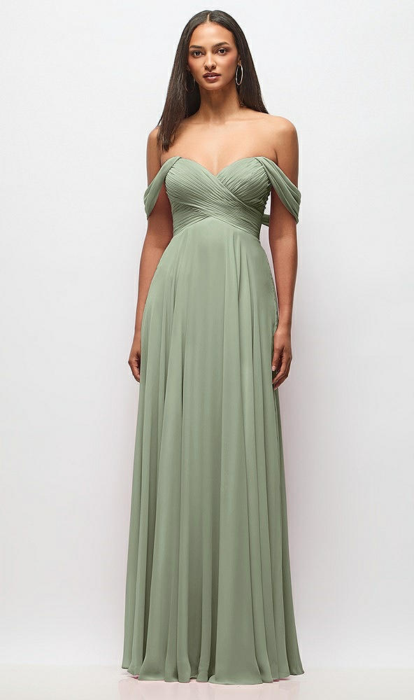 Front View - Sage Off-the-Shoulder Draped Chiffon Maxi Dress