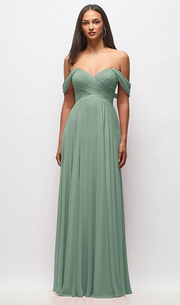 Front View - Seagrass Off-the-Shoulder Draped Chiffon Maxi Dress
